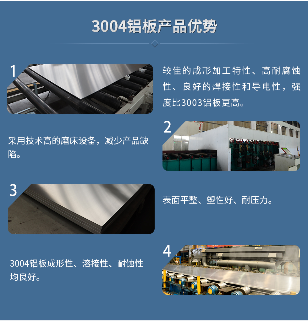 3004鋁板產品優勢
　　1、較佳的成形加工特性、高耐腐蝕性、良好的焊接性和導電性，強度比3003鋁板更高。
　　2、采用技術高的磨床設備，減少產品缺陷。
　　3、表面平整、塑性好、耐壓力。
　　明泰3004鋁板優勢
　　1、3004鋁板成形性、溶接性、耐蝕性均良好。
　　2、好的成形加工特性、高耐腐蝕性、良好的焊接性和導電性，強度比3003鋁板更高。
　　3、3004鋁板表面平整、塑性好、耐壓力;
　　4、采用國際先進的磨床設備，減少產品缺陷。